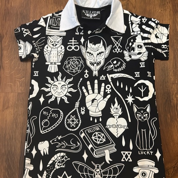 Killstar Wicked Tattoo Flash Black and White Collared Top - Picture 8 of 8